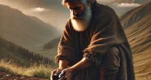 A large elderly man with a rugged appearance is standing on a mountain, carefully planting seeds into the soil with his hands. He wears a weathered cloak and sturdy boots, and his face reflects wisdom and determination. The background showcases a breathtaking mountainous landscape with misty peaks and lush greenery. The scene is bathed in soft, golden light, suggesting early morning or late afternoon.